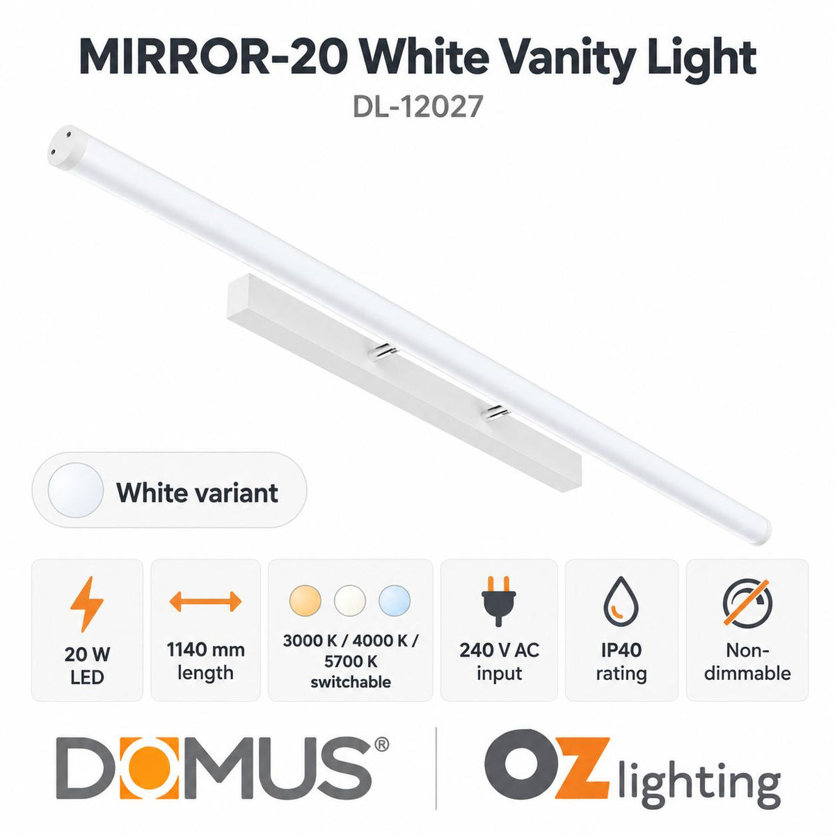 Domus MIRROR-20 LED Wall Vanity or Picture Light - 20W, Tri-Colour, 1140mm-Domus Lighting-Ozlighting.com.au