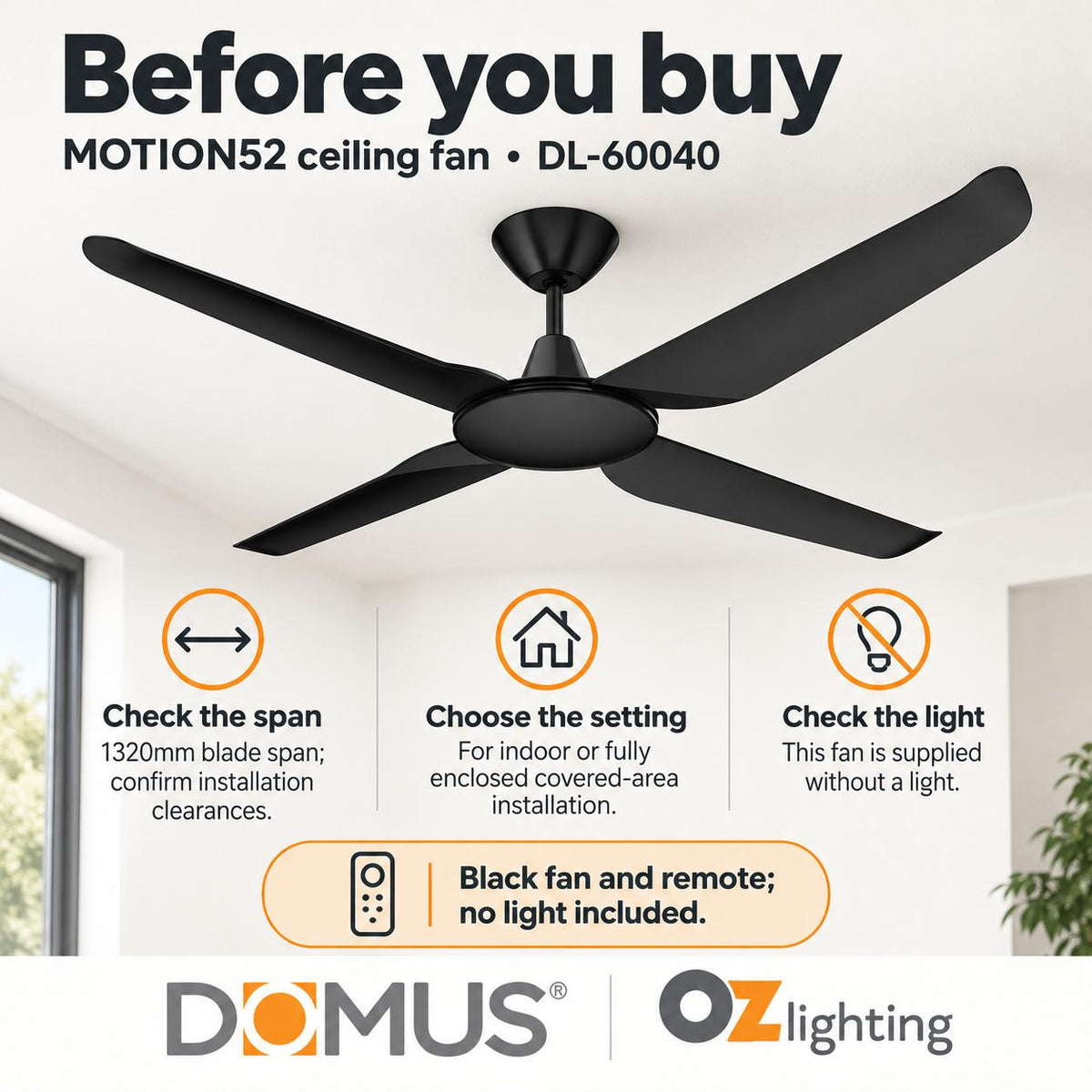 Domus MOTION-52 Ceiling Fan - 1320mm, 52", DC-Domus Lighting-Ozlighting.com.au