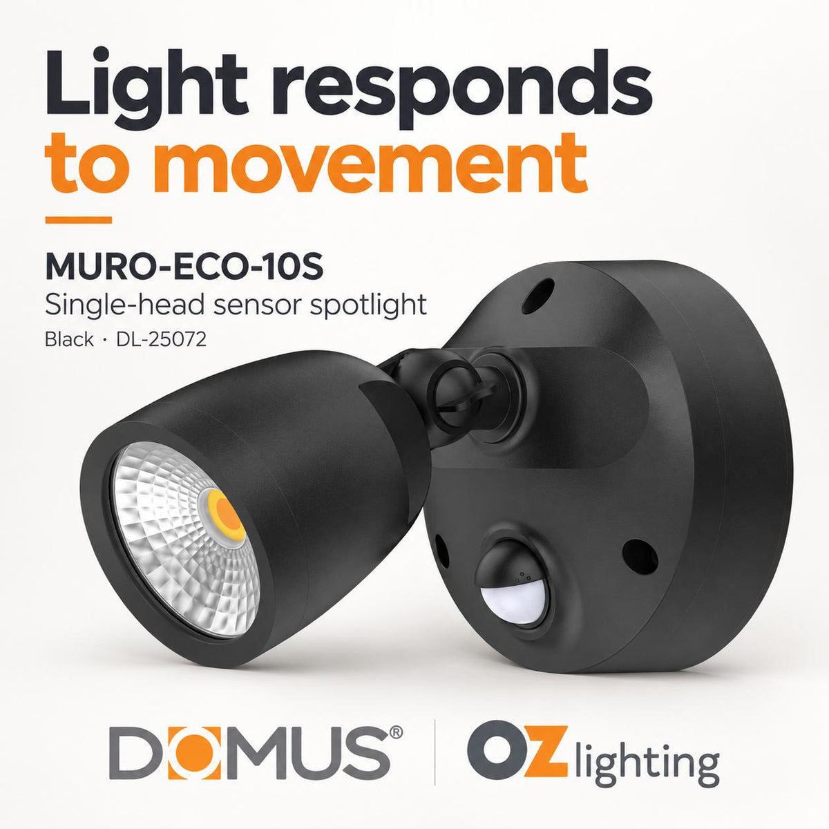 Domus MURO-ECO-10S LED Spotlight - 10W, Tri-Colour, IP65, Single, Coastal, Sensor-Domus Lighting-Ozlighting.com.au