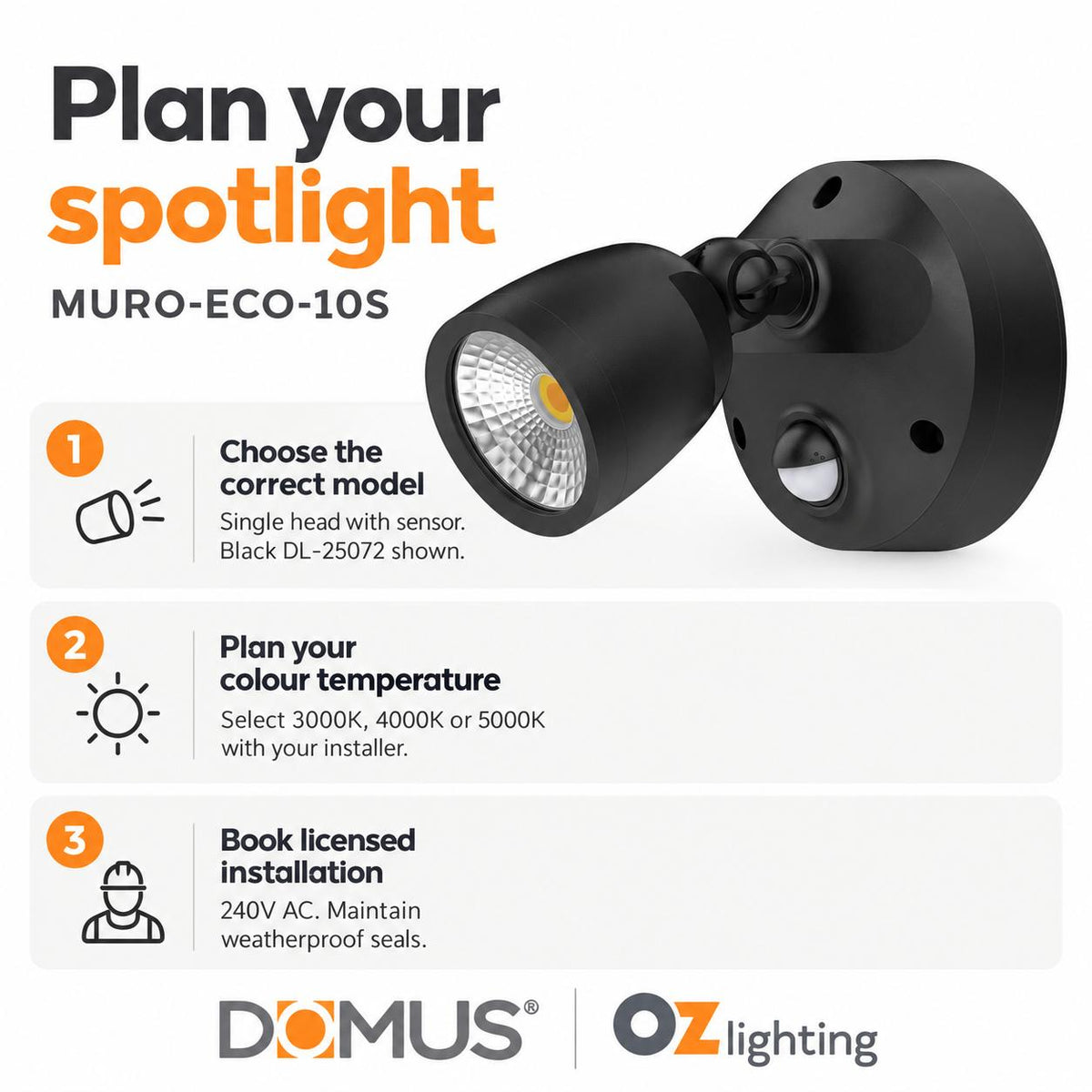 Domus MURO-ECO-10S LED Spotlight - 10W, Tri-Colour, IP65, Single, Coastal, Sensor-Domus Lighting-Ozlighting.com.au