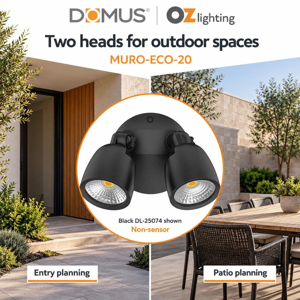 Domus MURO-ECO-20 LED Spotlight - 20W, Tri-Colour, IP65, Twin Head, Coastal-Domus Lighting-Ozlighting.com.au