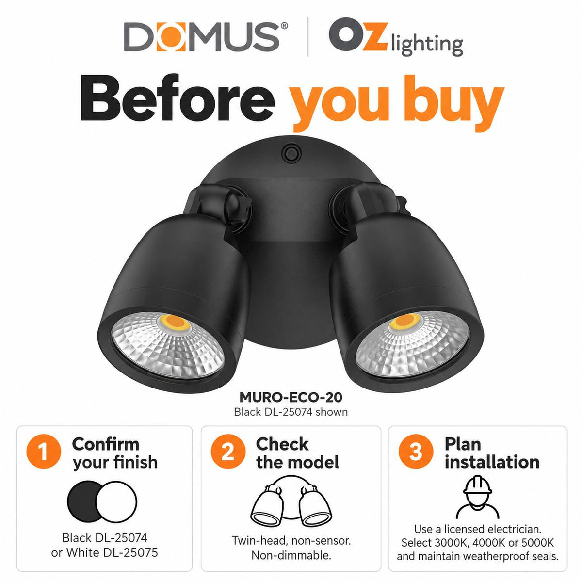 Domus MURO-ECO-20 LED Spotlight - 20W, Tri-Colour, IP65, Twin Head, Coastal-Domus Lighting-Ozlighting.com.au