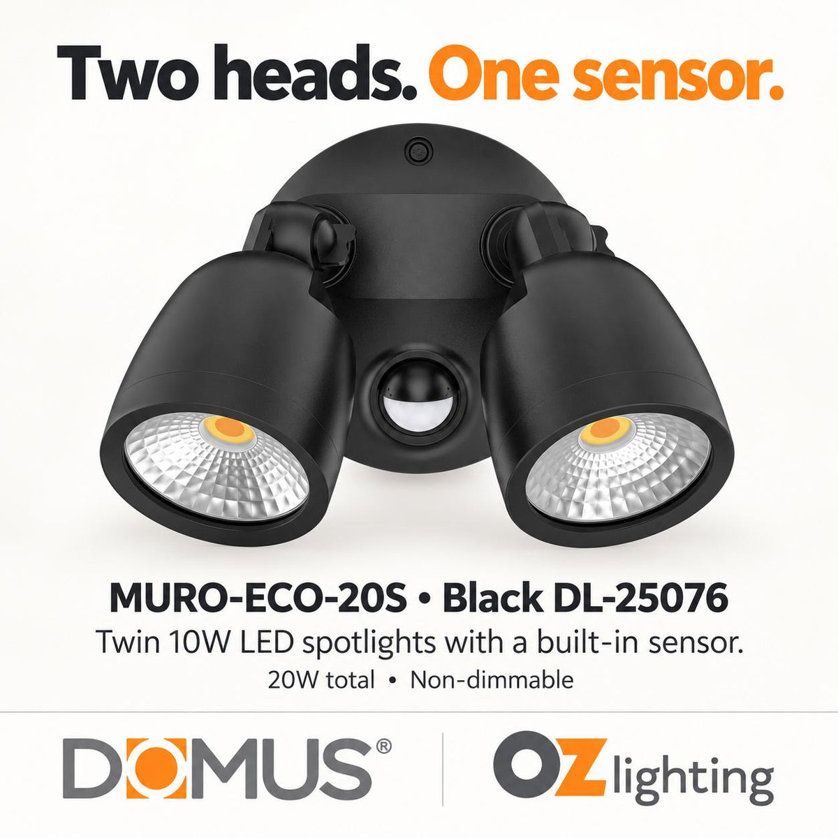 Domus MURO-ECO-20S LED Spotlight - 20W, Tri-Colour, IP65, Twin Head, Coastal, Sensor-Domus Lighting-Ozlighting.com.au