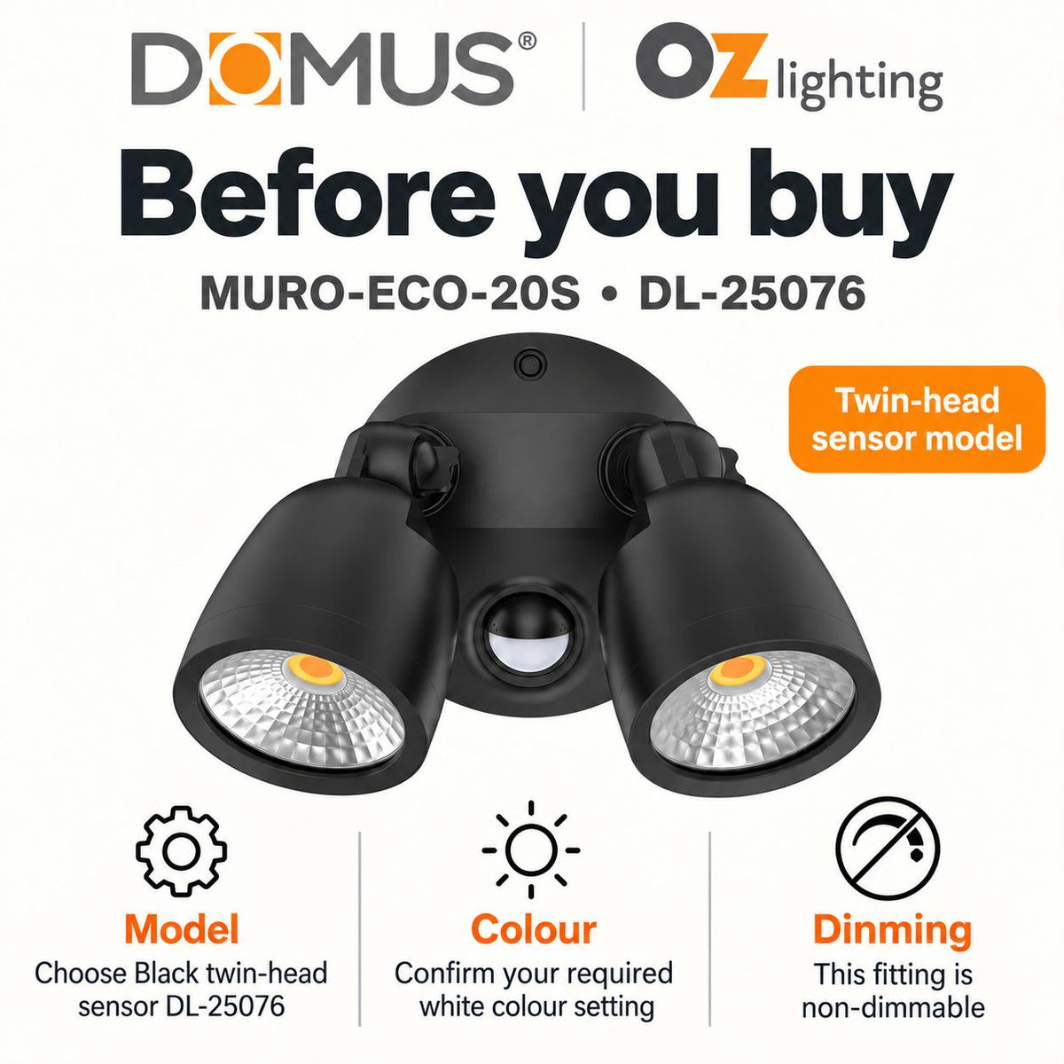 Domus MURO-ECO-20S LED Spotlight - 20W, Tri-Colour, IP65, Twin Head, Coastal, Sensor-Domus Lighting-Ozlighting.com.au