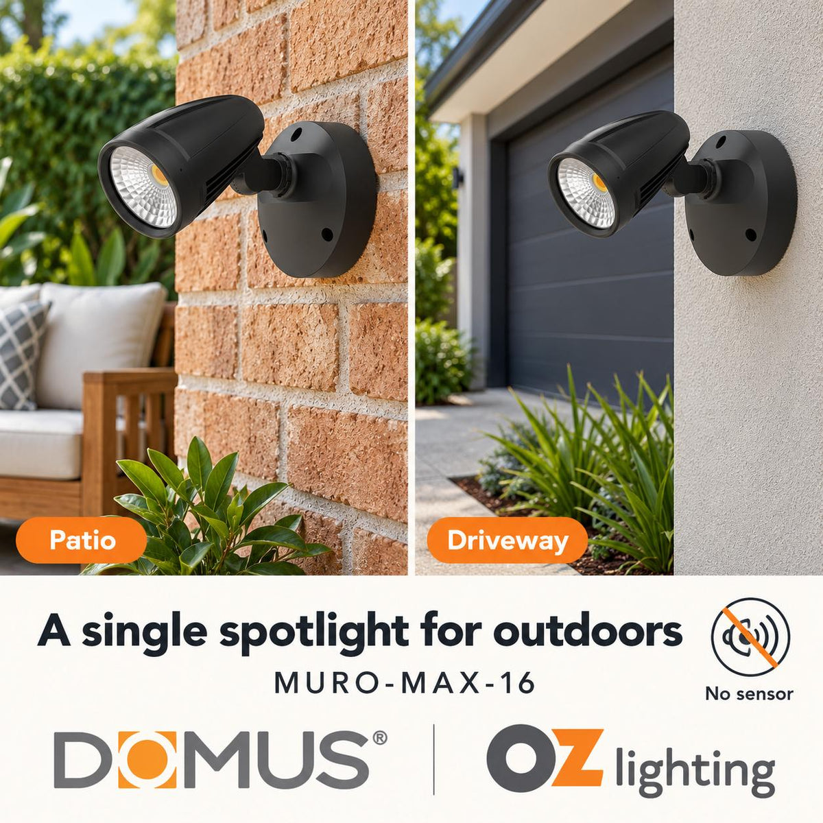 Domus MURO-MAX-16 LED Spotlight - 16W, Tri-Colour, IP65, Single-Domus Lighting-Ozlighting.com.au