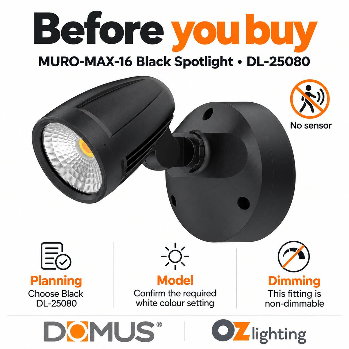 Domus MURO-MAX-16 LED Spotlight - 16W, Tri-Colour, IP65, Single-Domus Lighting-Ozlighting.com.au