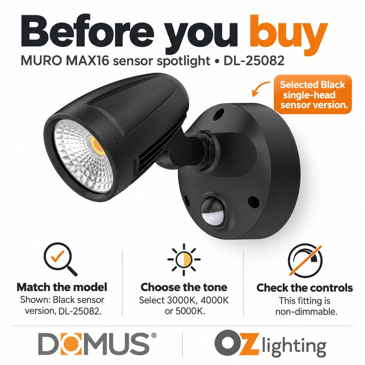 Domus MURO-MAX-16S LED Spotlight - 16W, Tri-Colour, IP65, Single, Sensor-Domus Lighting-Ozlighting.com.au
