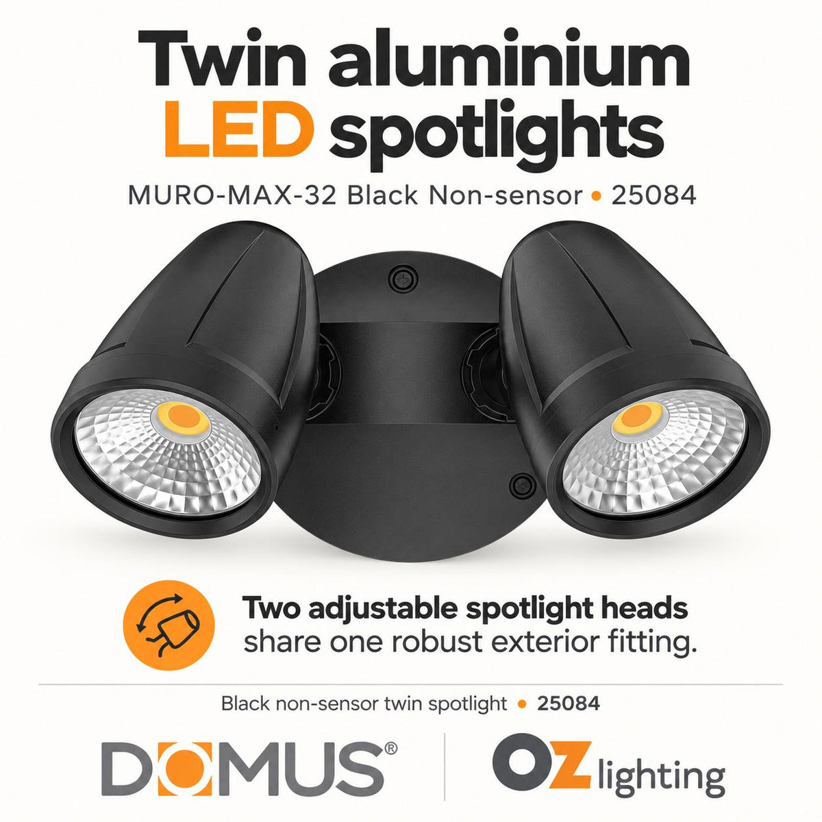 Domus MURO-MAX-32 LED Spotlight - 32W, Tri-Colour, IP65, Twin Head-Domus Lighting-Ozlighting.com.au