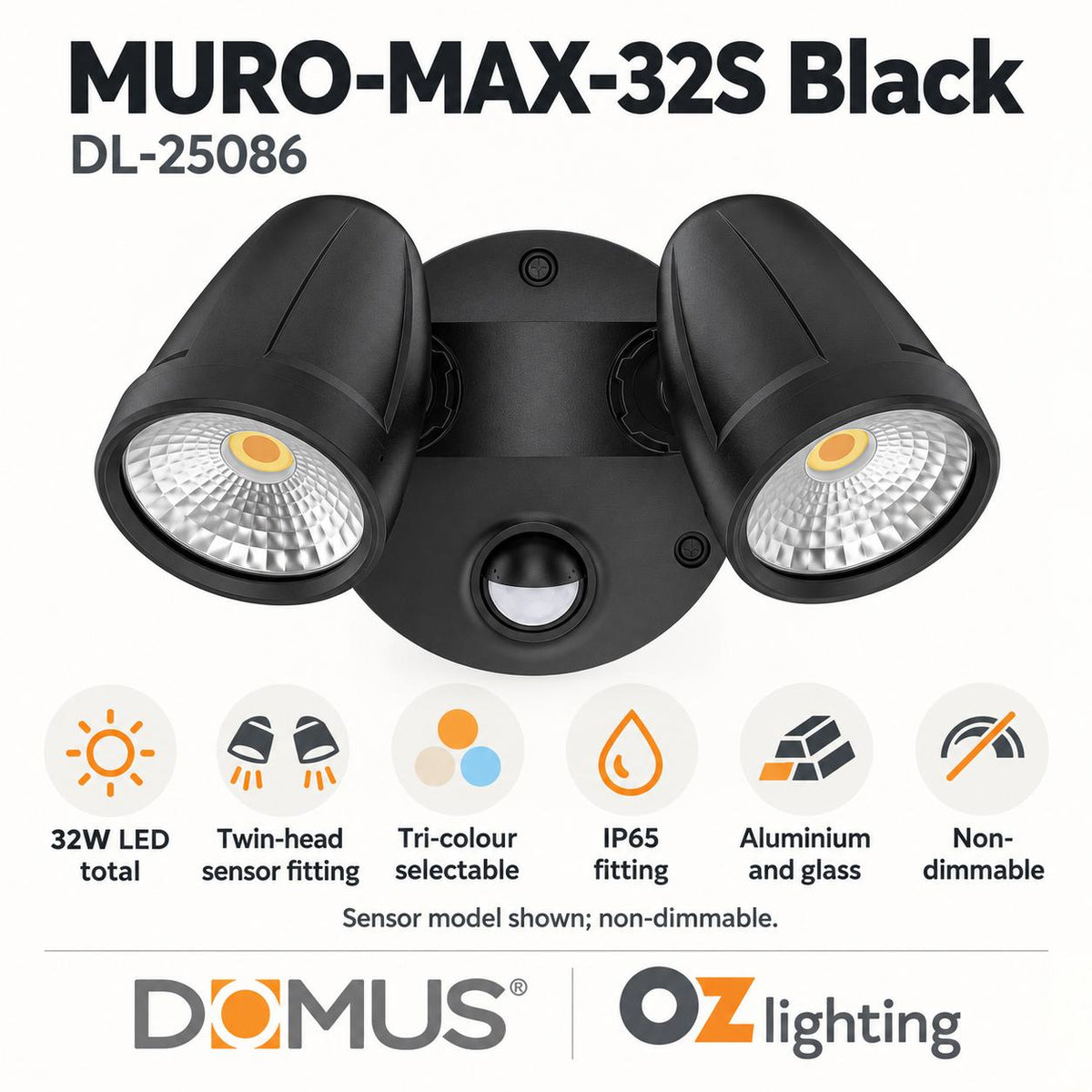 Domus MURO-MAX-32S LED Spotlight - 32W, Tri-Colour, IP65, Twin Head, Sensor-Domus Lighting-Ozlighting.com.au