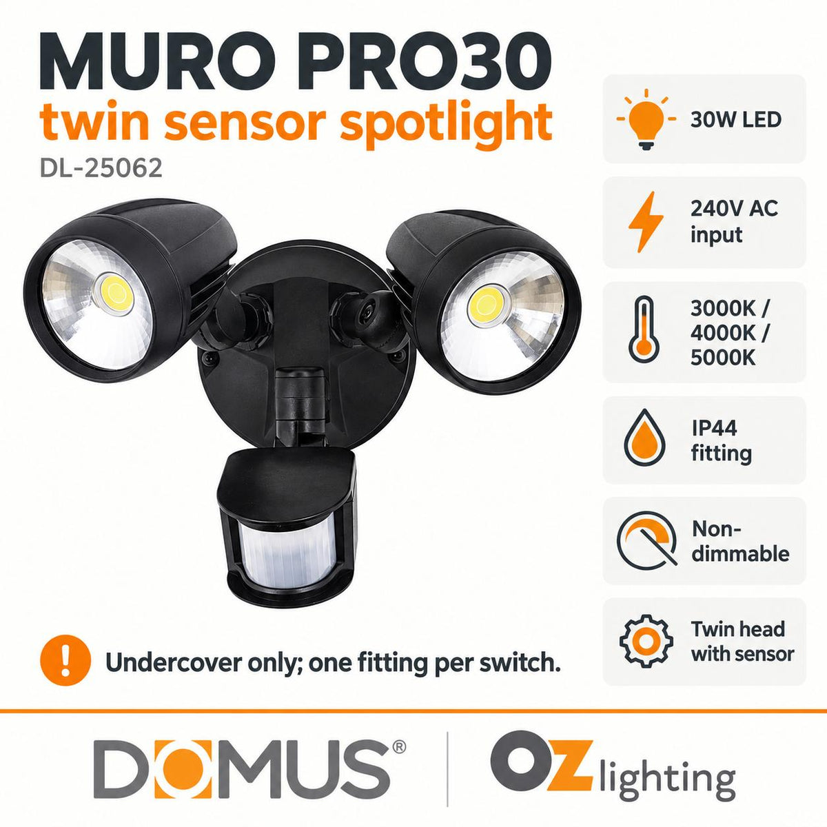 Domus MURO-PRO-30S LED Spotlight - 30W, Tri-Colour, IP44, Twin Head, with Sensor-Domus Lighting-Ozlighting.com.au