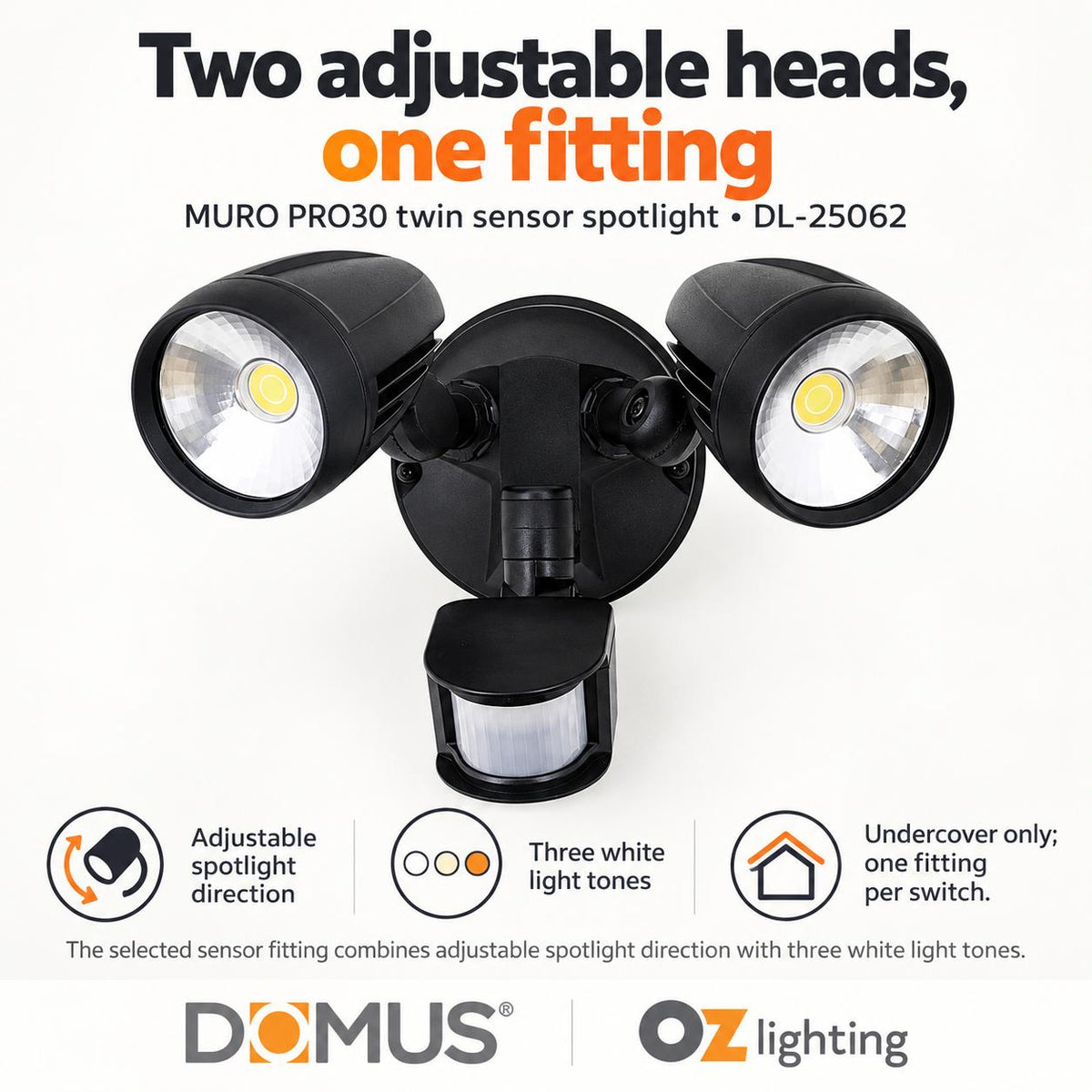 Domus MURO-PRO-30S LED Spotlight - 30W, Tri-Colour, IP44, Twin Head, with Sensor-Domus Lighting-Ozlighting.com.au
