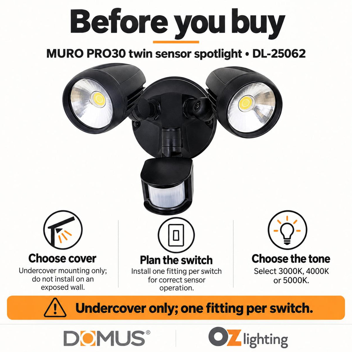Domus MURO-PRO-30S LED Spotlight - 30W, Tri-Colour, IP44, Twin Head, with Sensor-Domus Lighting-Ozlighting.com.au