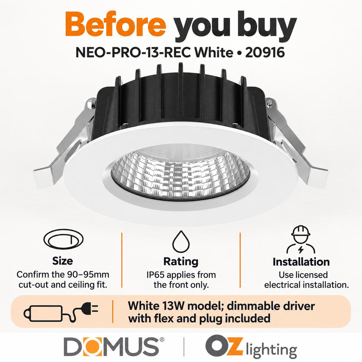 Domus NEO-PRO-REC LED Downlight - 13W/25W/35W, Tri-Colour, Dimmable, IP65, Recessed-Domus Lighting-Ozlighting.com.au