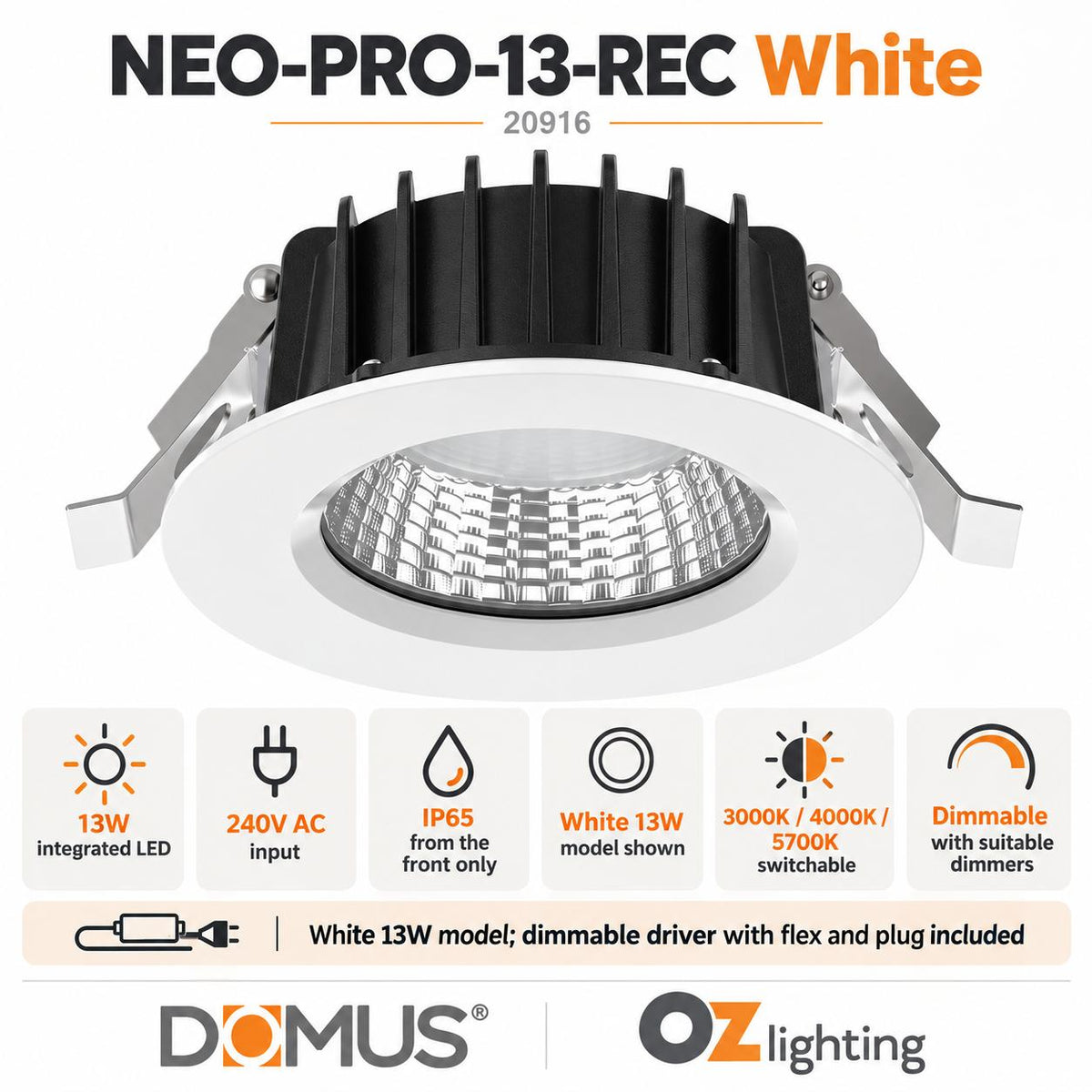 Domus NEO-PRO-REC LED Downlight - 13W/25W/35W, Tri-Colour, Dimmable, IP65, Recessed-Domus Lighting-Ozlighting.com.au
