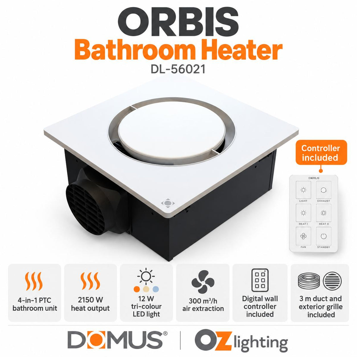 Domus ORBIS 4-In-1 Retrofit PTC Bathroom Heater-Domus Lighting-Ozlighting.com.au