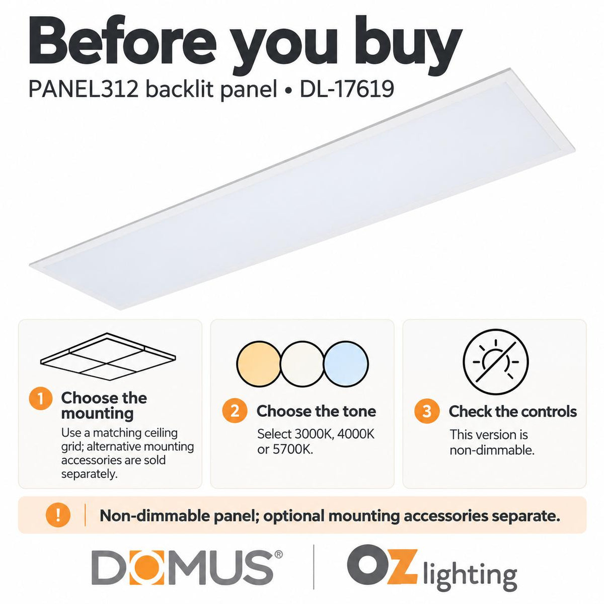 Domus PANEL-BLT-312 LED Panel Light - 30W, Tri-Colour, 1200x300mm-Domus Lighting-Ozlighting.com.au
