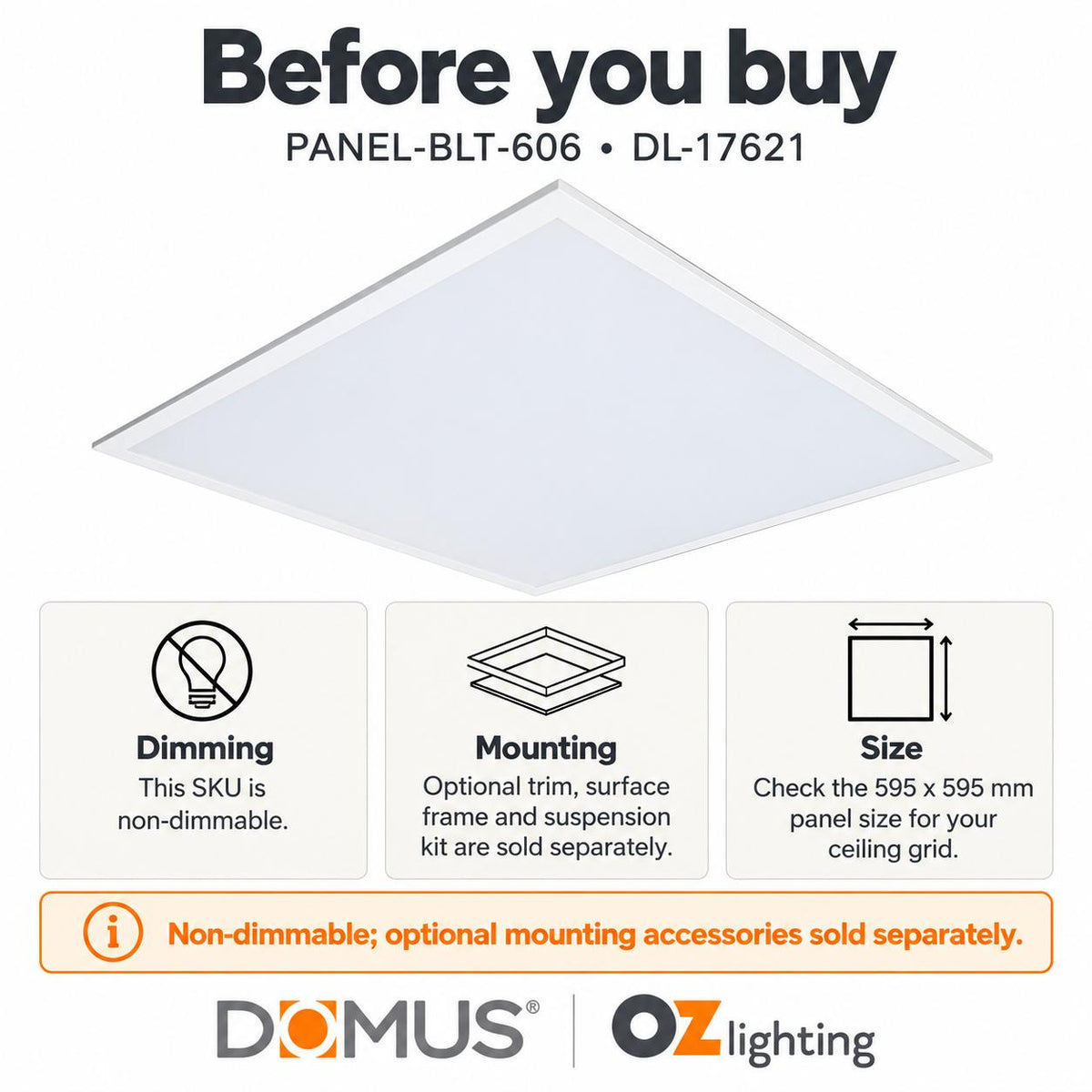 Domus PANEL-BLT-606 LED Panel Light - 30W, Tri-Colour, 600x600mm-Domus Lighting-Ozlighting.com.au
