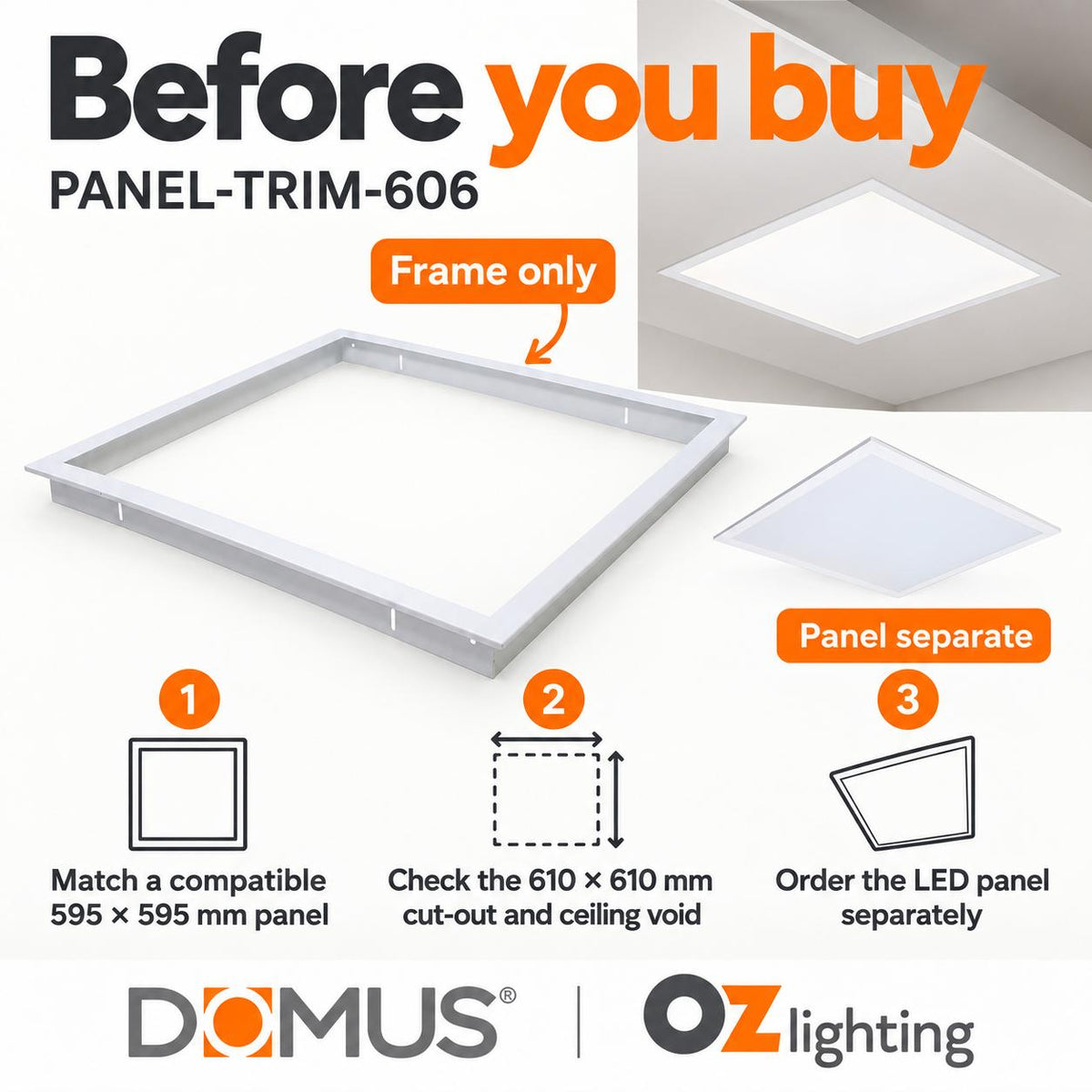 Domus PANEL-TRIM-606 LED Panel Light - Recessed, 630x630mm, White-Domus Lighting-Ozlighting.com.au
