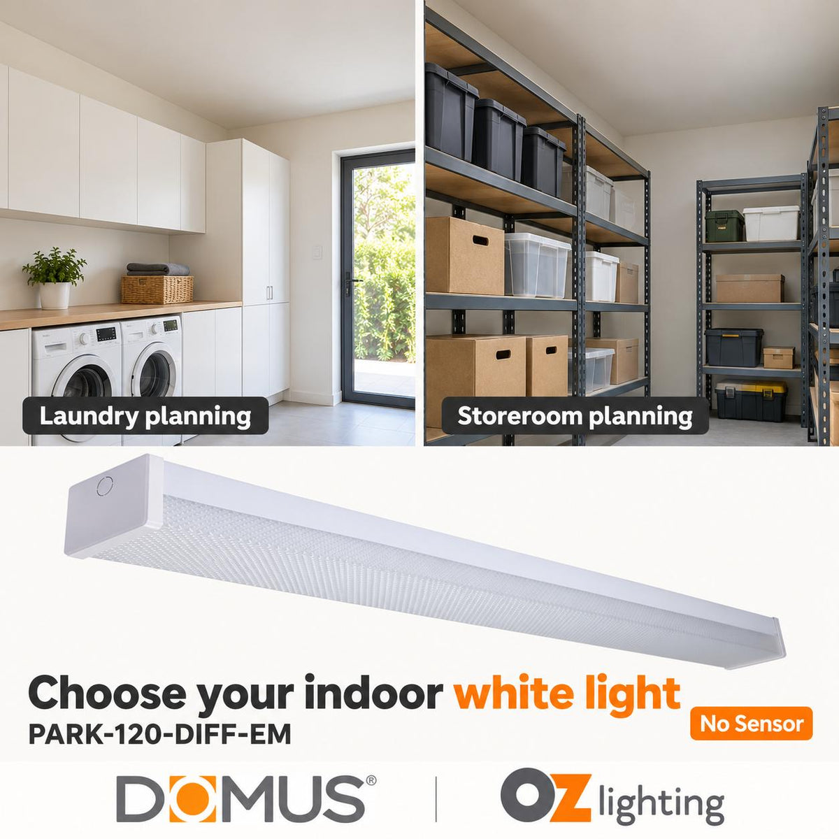Domus PARK-120-DIFF-EM LED Batten Light - 15W/30W, 1200mm, Tri-Colour, Diffused, Optional Sensor, Emergency-Domus Lighting-Ozlighting.com.au