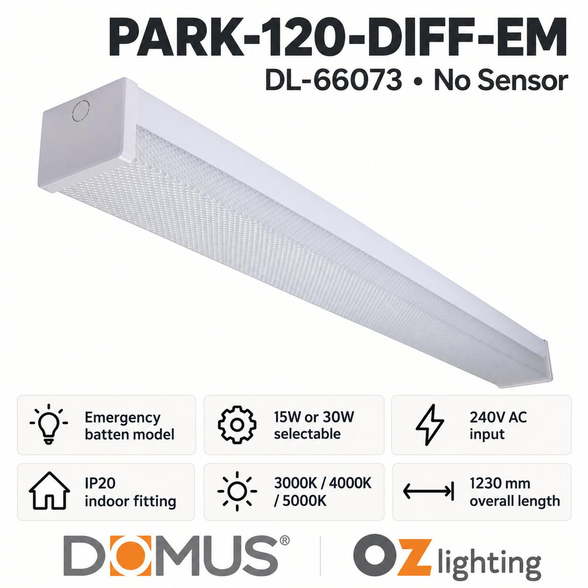 Domus PARK-120-DIFF-EM LED Batten Light - 15W/30W, 1200mm, Tri-Colour, Diffused, Optional Sensor, Emergency-Domus Lighting-Ozlighting.com.au