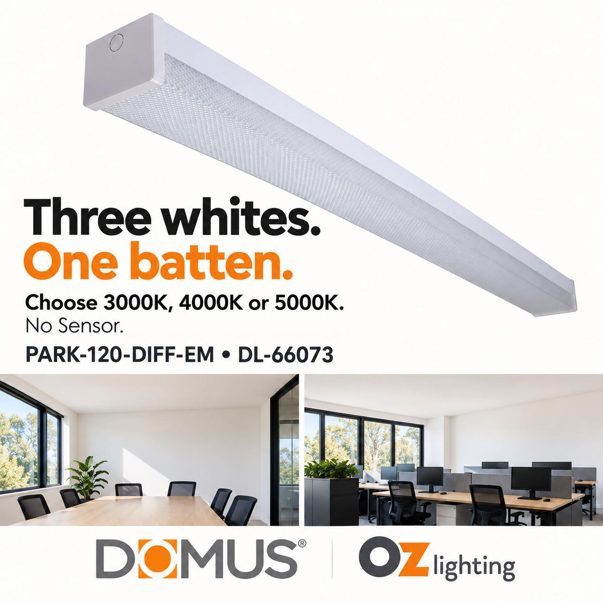 Domus PARK-120-DIFF-EM LED Batten Light - 15W/30W, 1200mm, Tri-Colour, Diffused, Optional Sensor, Emergency-Domus Lighting-Ozlighting.com.au