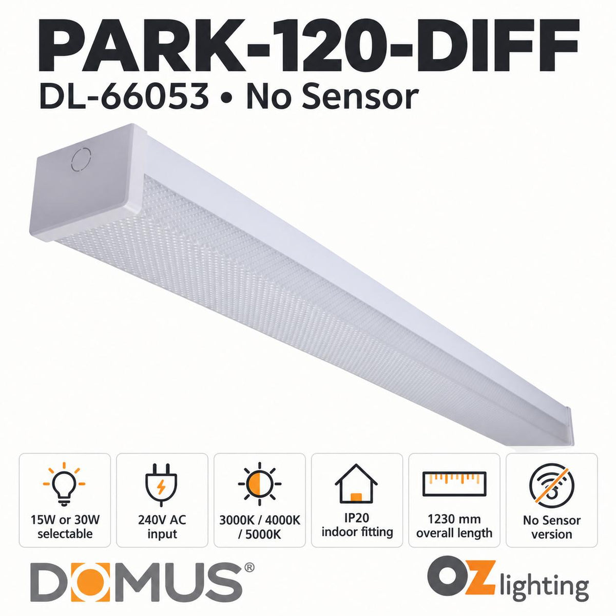 Domus PARK-120-DIFF LED Batten Light - 15W/30W, 1200mm, Tri-Colour, Diffused, Optional Sensor-Domus Lighting-Ozlighting.com.au