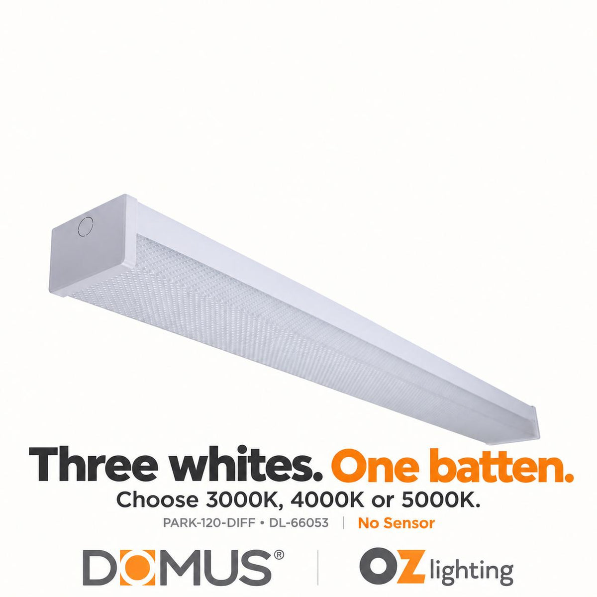 Domus PARK-120-DIFF LED Batten Light - 15W/30W, 1200mm, Tri-Colour, Diffused, Optional Sensor-Domus Lighting-Ozlighting.com.au