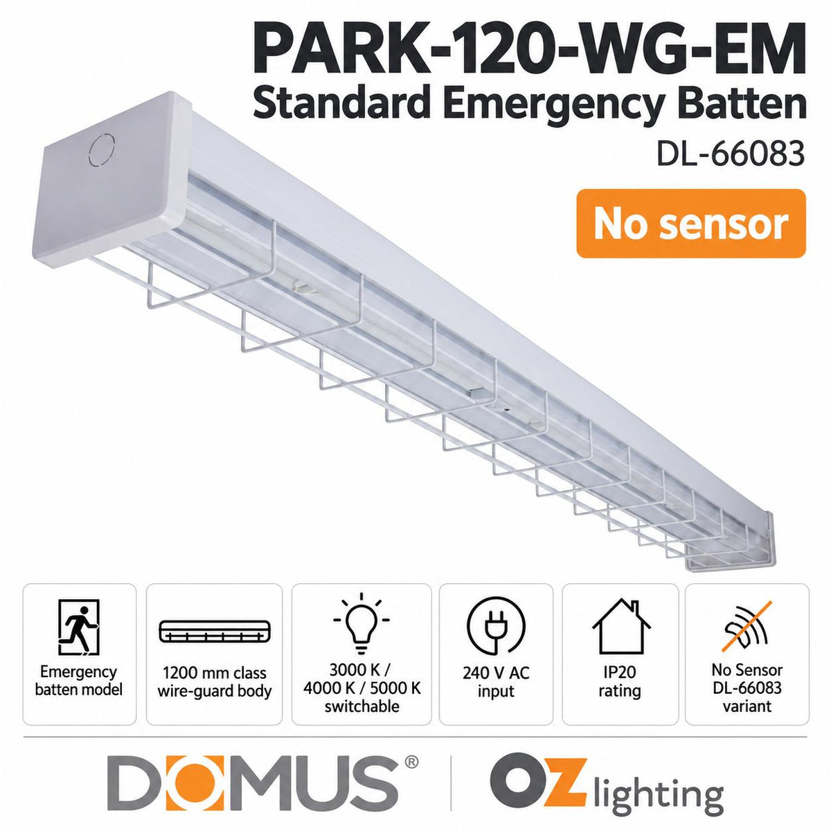 Domus PARK-120-WG-EM 15W/30W LED Tri-Colour Wide Body Wire Guard 1200mm Emergency Batten - with Optional Sensor-Domus Lighting-Ozlighting.com.au