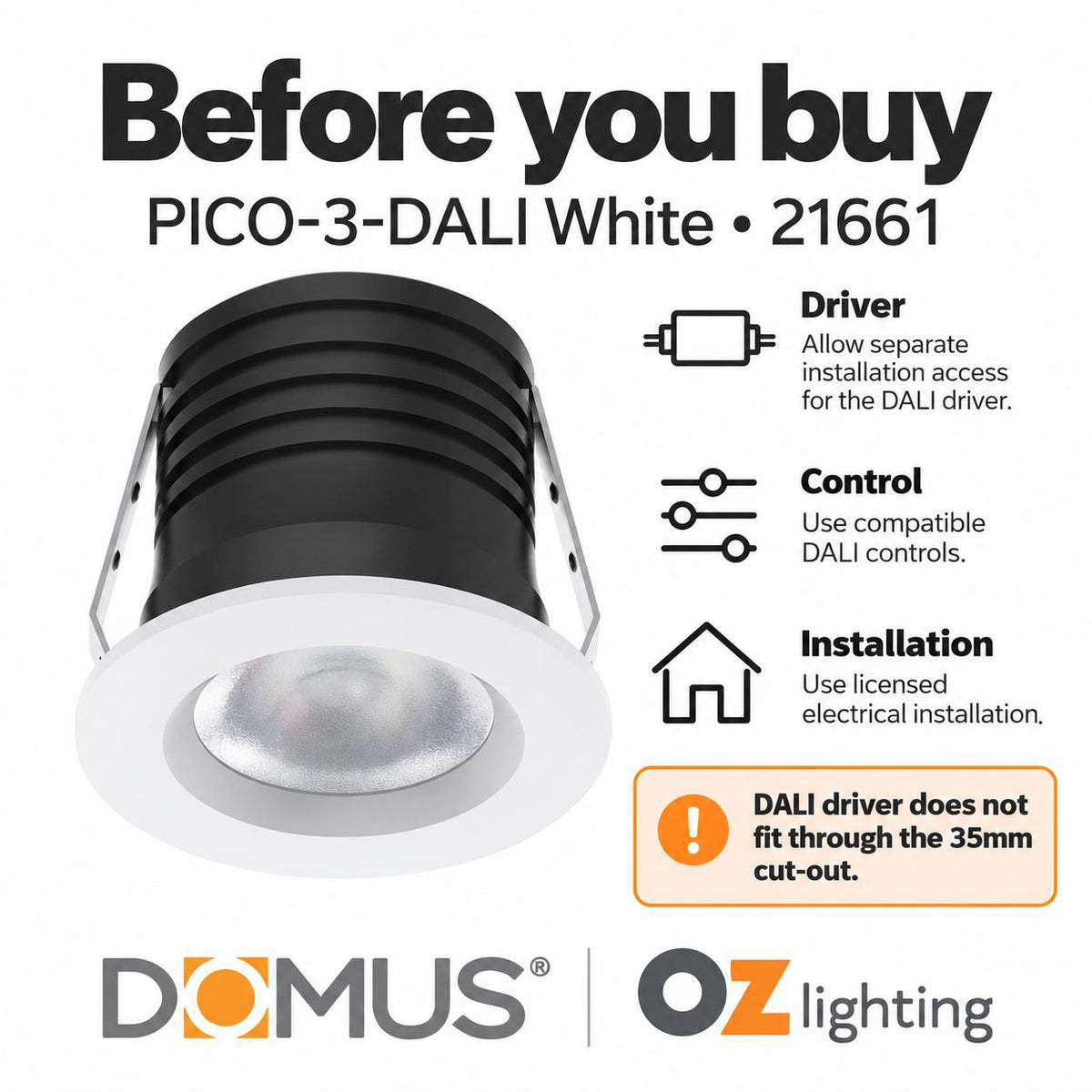 Domus PICO-3-DALI LED Downlight - 3W, Tri-Colour, DALI Dimmable, IP40, Round, Fixed-Domus Lighting-Ozlighting.com.au