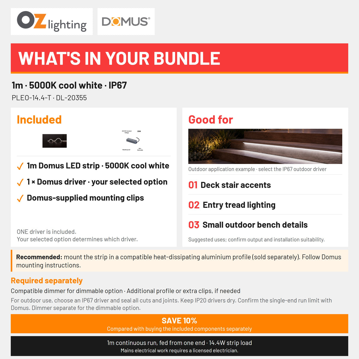 Domus PLEO 1 Metre 14.4W/m Cool White Outdoor Strip and Driver Bundle-Domus Lighting-Ozlighting.com.au