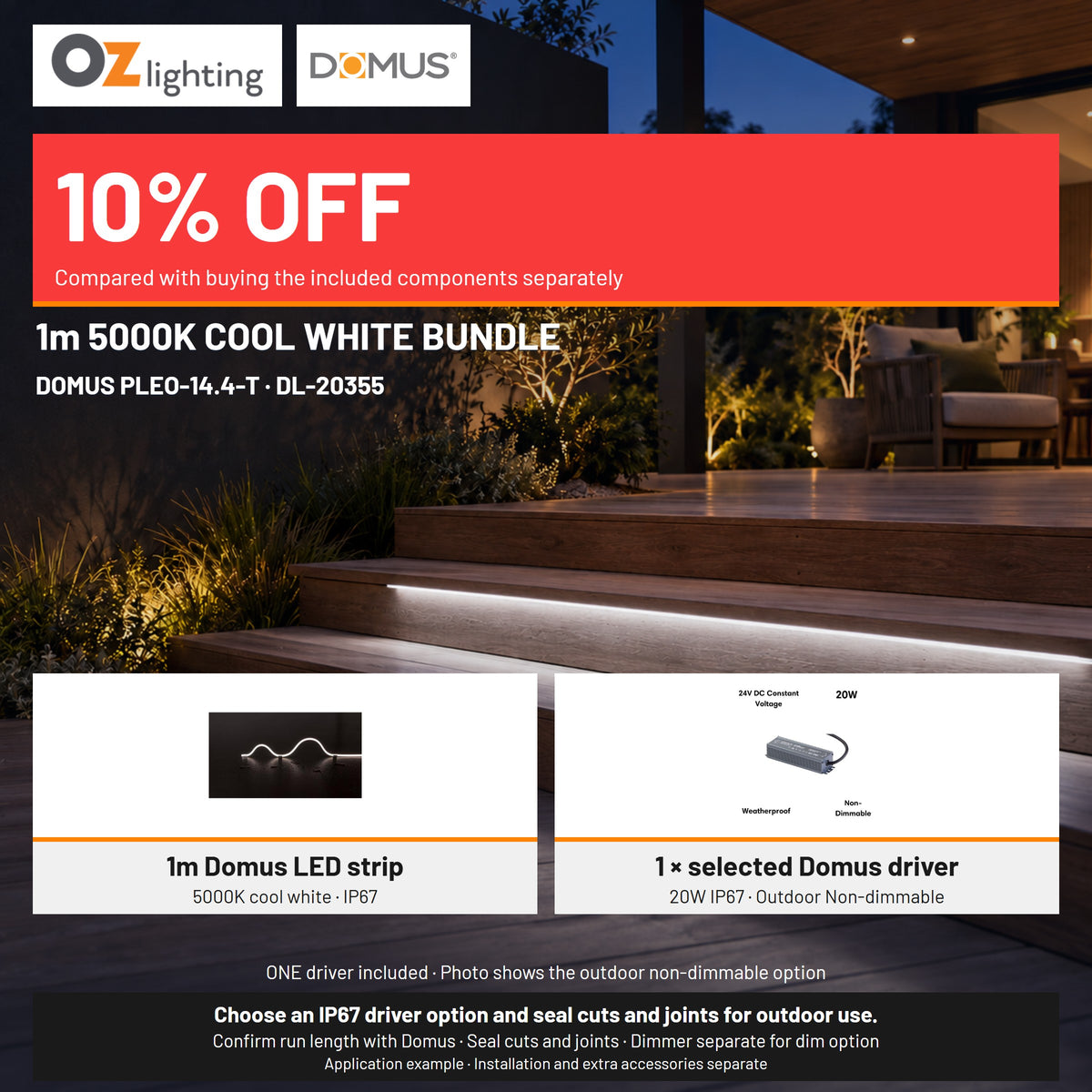 Domus PLEO 1 Metre 14.4W/m Cool White Outdoor Strip and Driver Bundle-Domus Lighting-Ozlighting.com.au