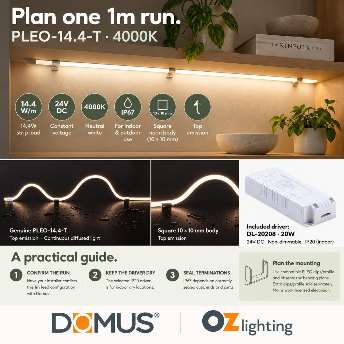Domus PLEO 1 Metre 14.4W/m Neutral White Outdoor Strip and Driver Bundle-Domus Lighting-Ozlighting.com.au