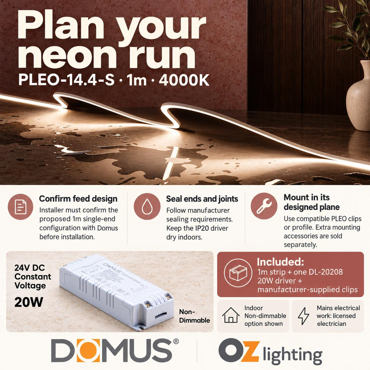 Domus PLEO 1 Metre 14.4W/m Neutral White Outdoor Strip and Driver Bundle-Domus Lighting-Ozlighting.com.au