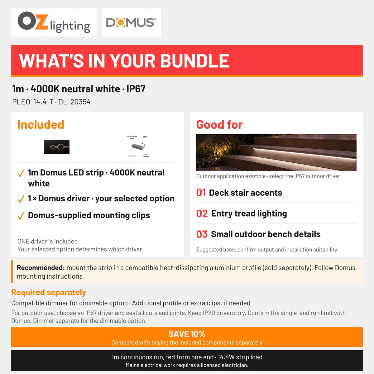 Domus PLEO 1 Metre 14.4W/m Neutral White Outdoor Strip and Driver Bundle-Domus Lighting-Ozlighting.com.au