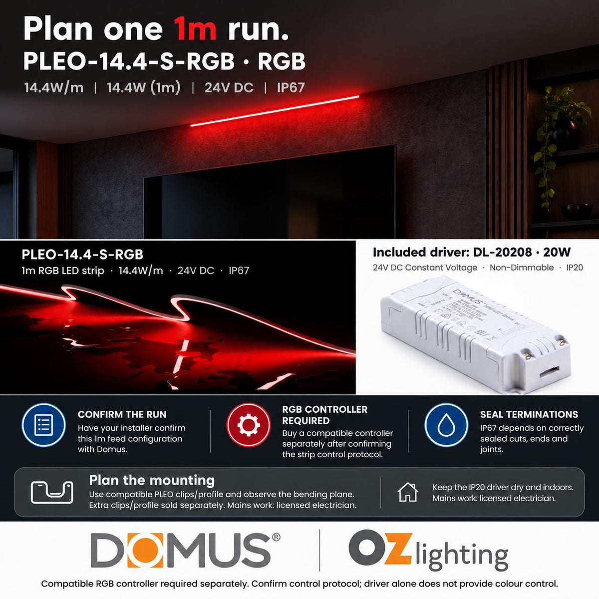 Domus PLEO 1 Metre 14.4W/m RGB Outdoor Strip and Driver Bundle-Domus Lighting-Ozlighting.com.au