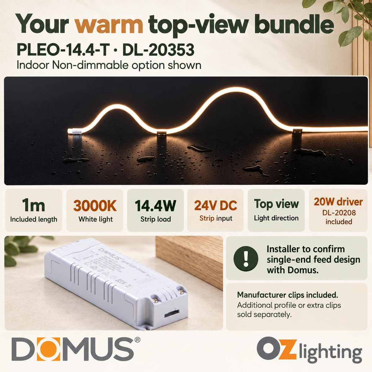 Domus PLEO 1 Metre 14.4W/m Warm White Outdoor Strip and Driver Bundle-Domus Lighting-Ozlighting.com.au