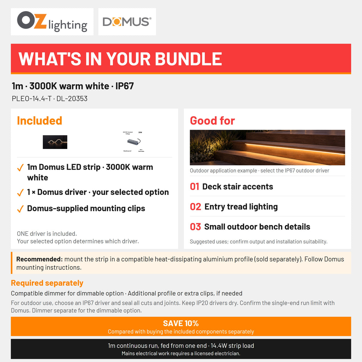 Domus PLEO 1 Metre 14.4W/m Warm White Outdoor Strip and Driver Bundle-Domus Lighting-Ozlighting.com.au