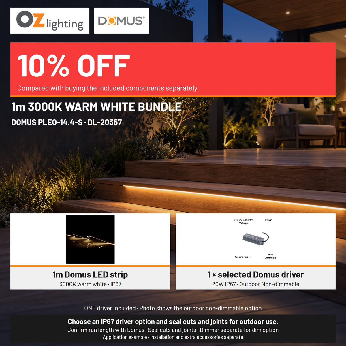 Domus PLEO 1 Metre 14.4W/m Warm White Outdoor Strip and Driver Bundle-Domus Lighting-Ozlighting.com.au