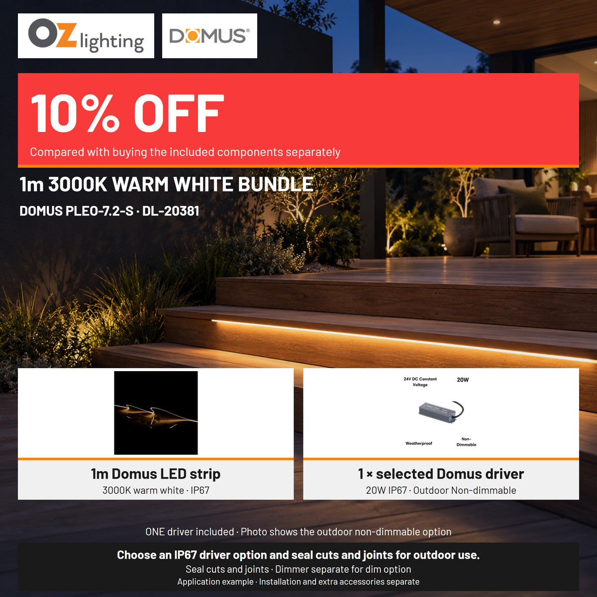 Domus PLEO 1 Metre 7.2W/m Warm White Outdoor Strip and Driver Bundle-Domus Lighting-Ozlighting.com.au