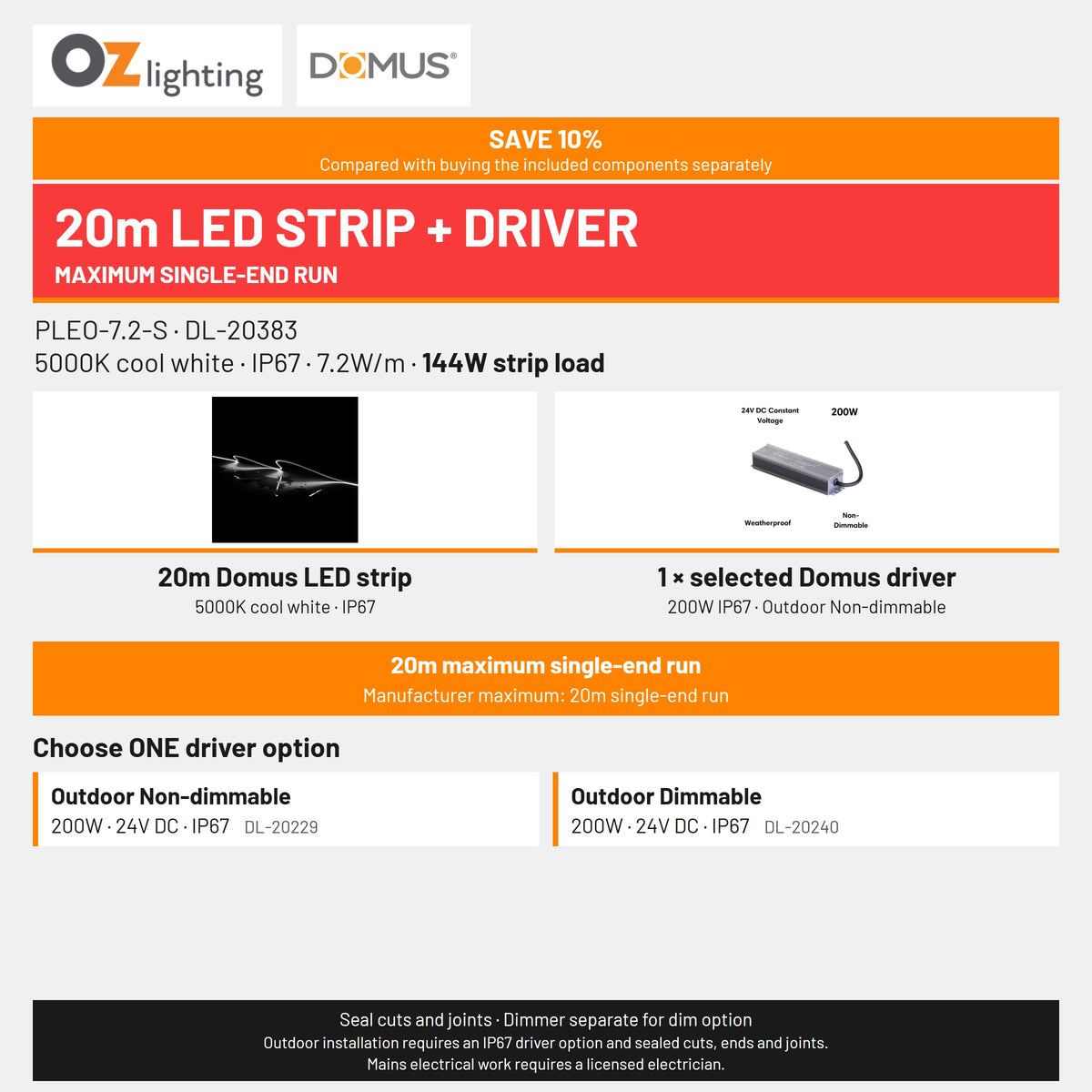 Domus PLEO 20 Metre 7.2W/m Cool White Outdoor Strip and Driver Bundle-Domus Lighting-Ozlighting.com.au