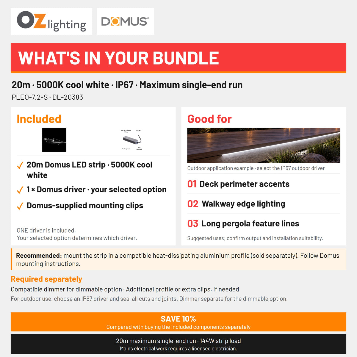 Domus PLEO 20 Metre 7.2W/m Cool White Outdoor Strip and Driver Bundle-Domus Lighting-Ozlighting.com.au