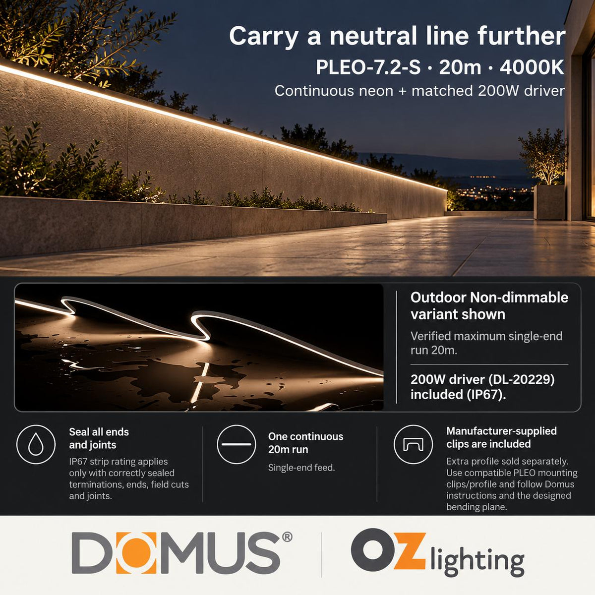 Domus PLEO 20 Metre 7.2W/m Neutral White Outdoor Strip and Driver Bundle-Domus Lighting-Ozlighting.com.au