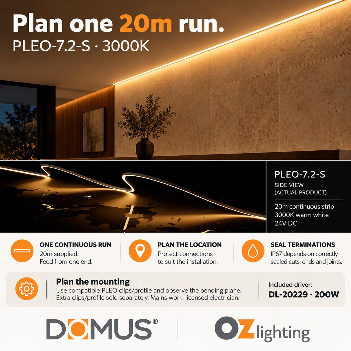 Domus PLEO 20 Metre 7.2W/m Warm White Outdoor Strip and Driver Bundle-Domus Lighting-Ozlighting.com.au