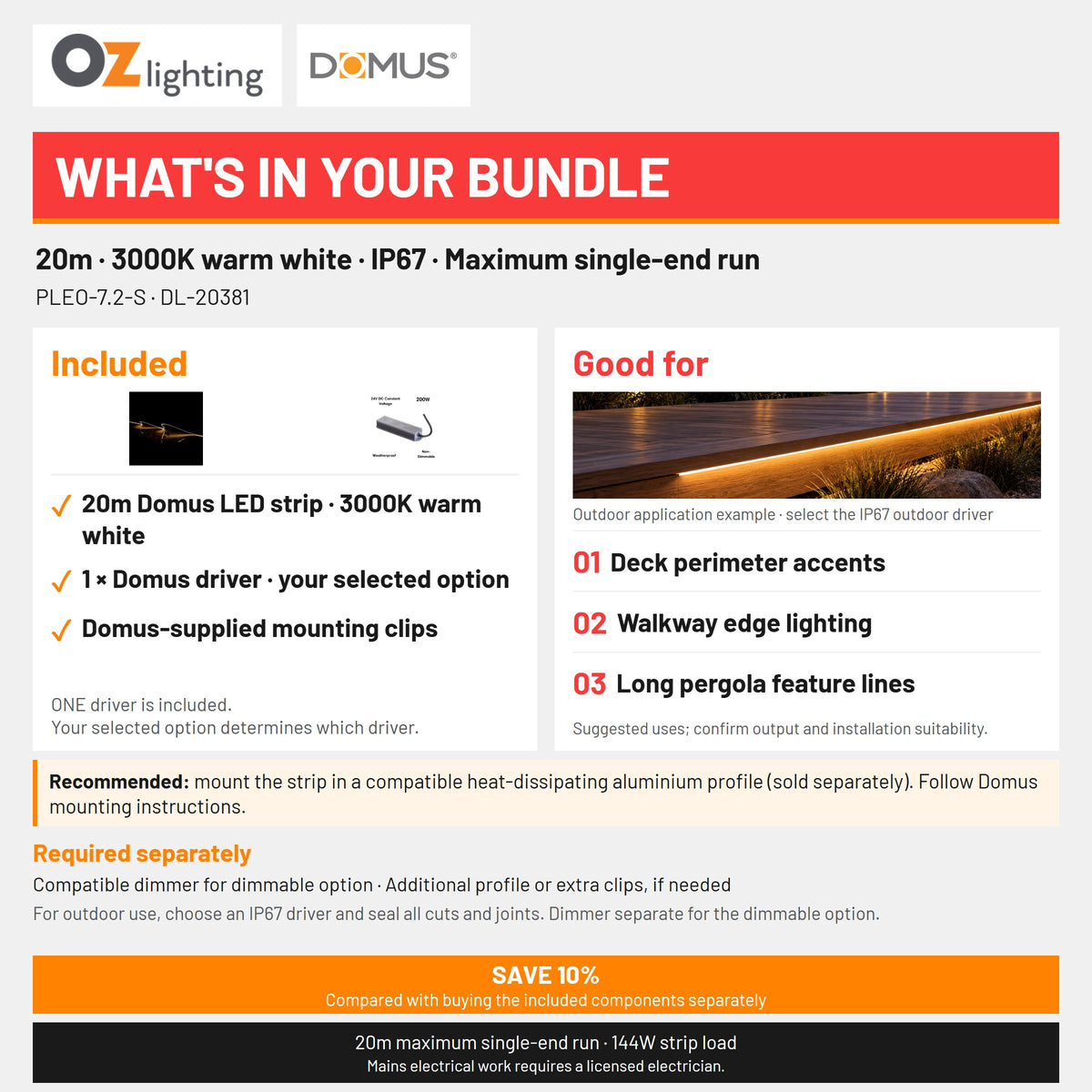 Domus PLEO 20 Metre 7.2W/m Warm White Outdoor Strip and Driver Bundle-Domus Lighting-Ozlighting.com.au