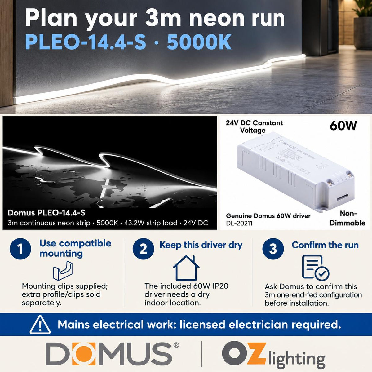 Domus PLEO 3 Metre 14.4W/m Cool White Outdoor Strip and Driver Bundle-Domus Lighting-Ozlighting.com.au