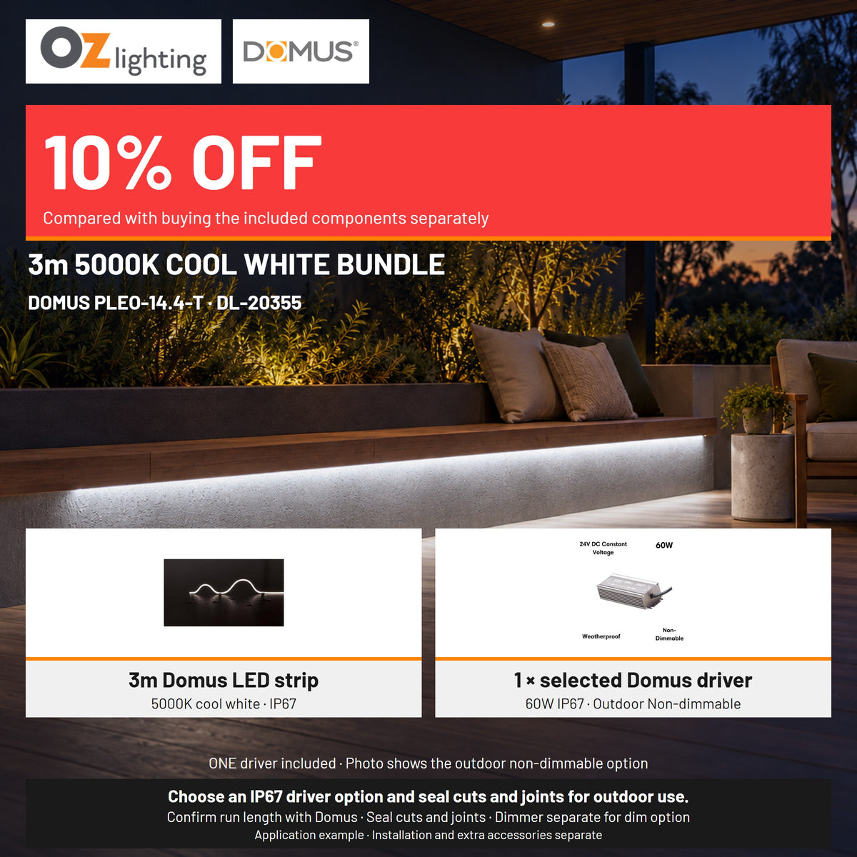Domus PLEO-14.4-T LED Strip & Driver Bundle - 5000K, IP67, 3m-Domus Lighting-Ozlighting.com.au
