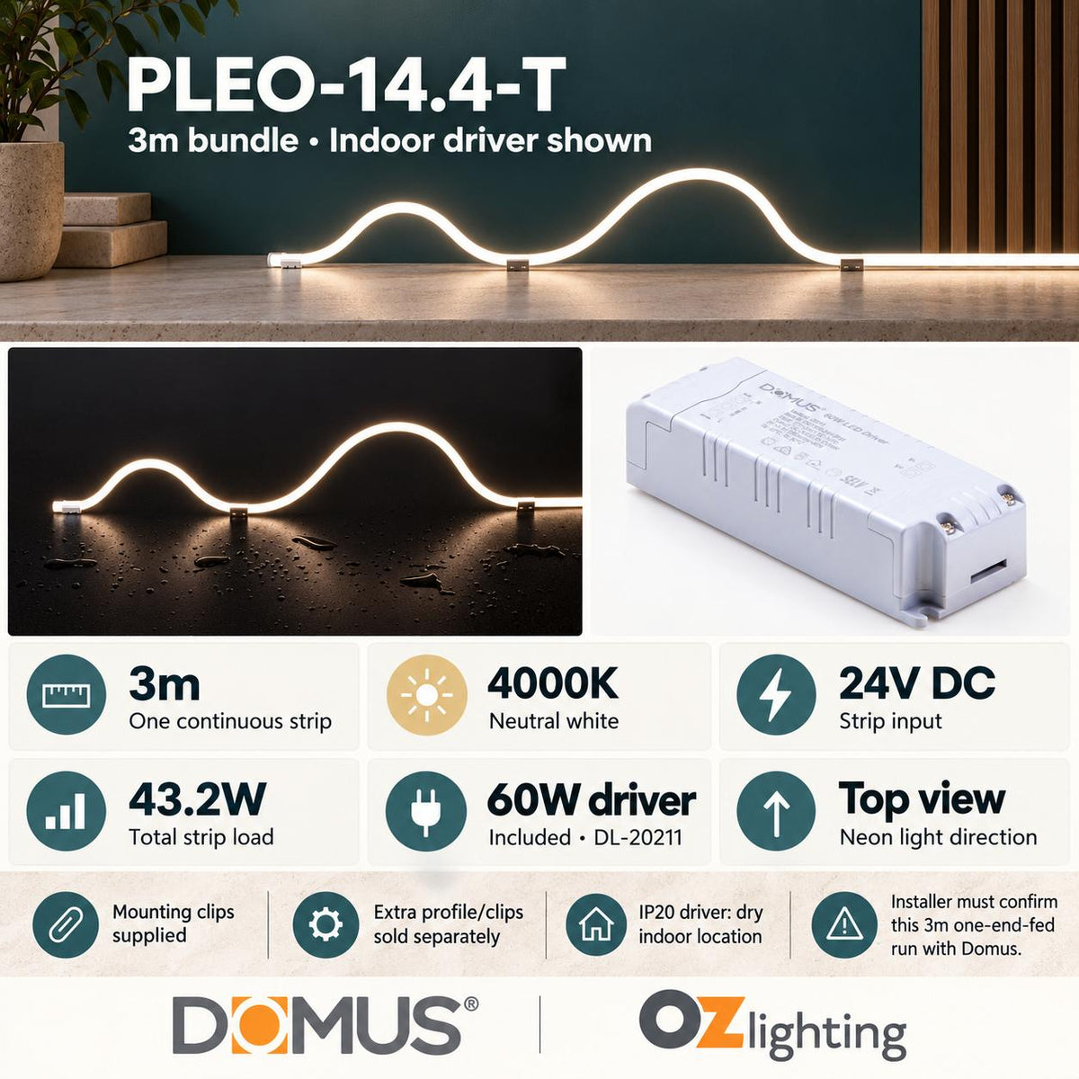 Domus PLEO 3 Metre 14.4W/m Neutral White Outdoor Strip and Driver Bundle-Domus Lighting-Ozlighting.com.au