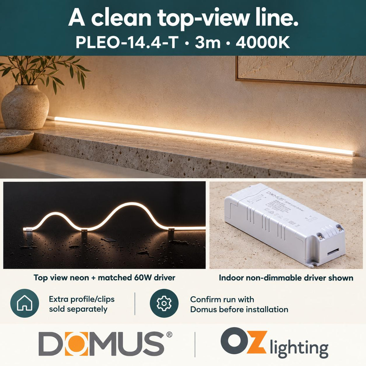 Domus PLEO 3 Metre 14.4W/m Neutral White Outdoor Strip and Driver Bundle-Domus Lighting-Ozlighting.com.au