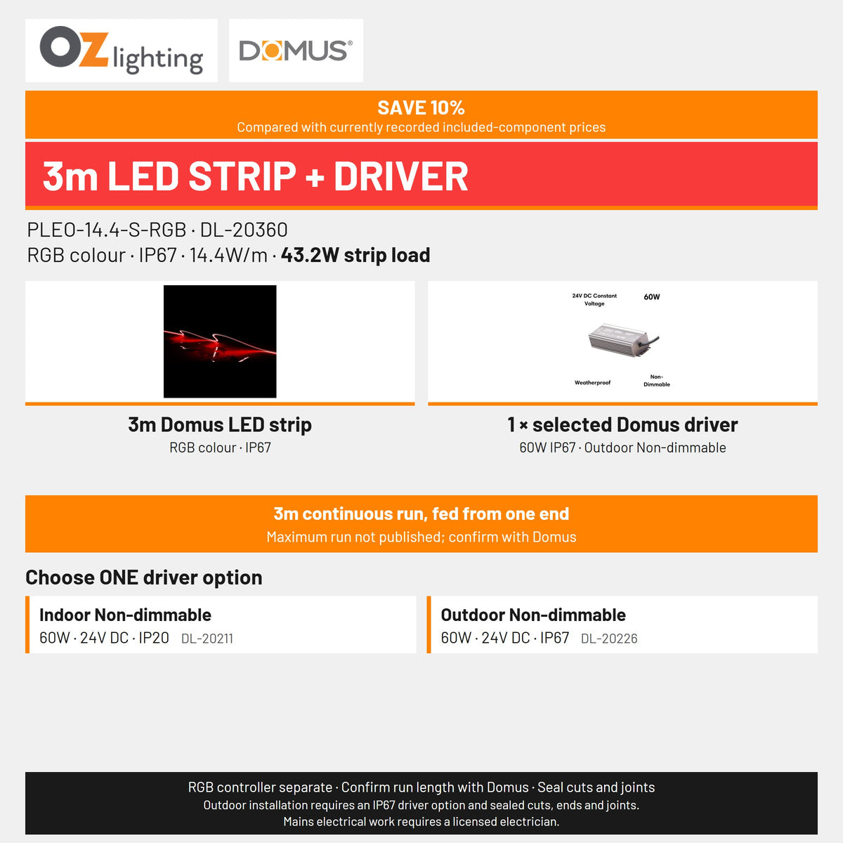Domus PLEO 3 Metre 14.4W/m RGB Outdoor Strip and Driver Bundle-Domus Lighting-Ozlighting.com.au