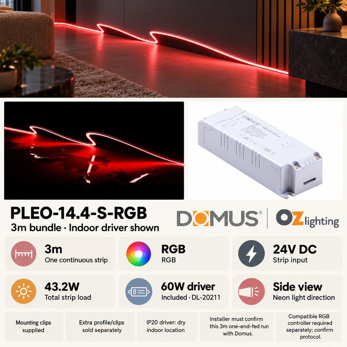 Domus PLEO 3 Metre 14.4W/m RGB Outdoor Strip and Driver Bundle-Domus Lighting-Ozlighting.com.au